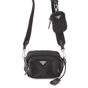 Prada Logo Plate Nylon Shoulder Bag Black